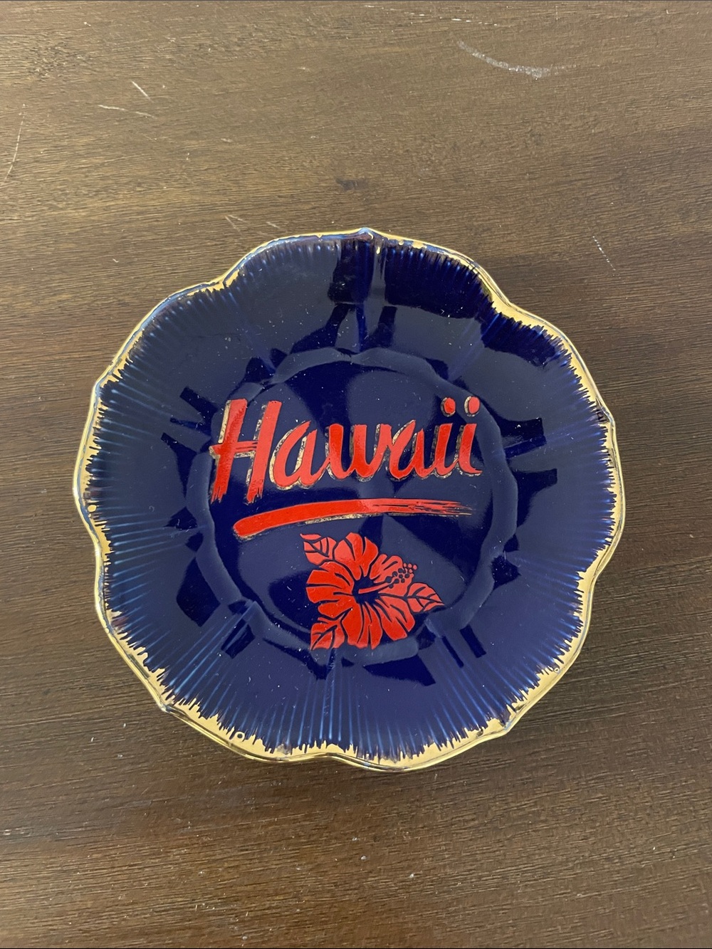 5” Blue, Red & Gold Hawaii Hibiscus Flower Ceramic Trinket Dish Made in Japan